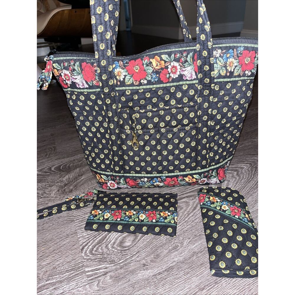 3 Piece Vera Bradley Little Betsy Tote/Purse Vibrant Black Retired Sunflowers